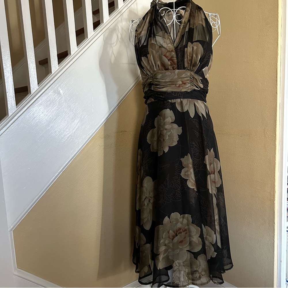 Connected Apparel Black and Tan Floral Midi Dress